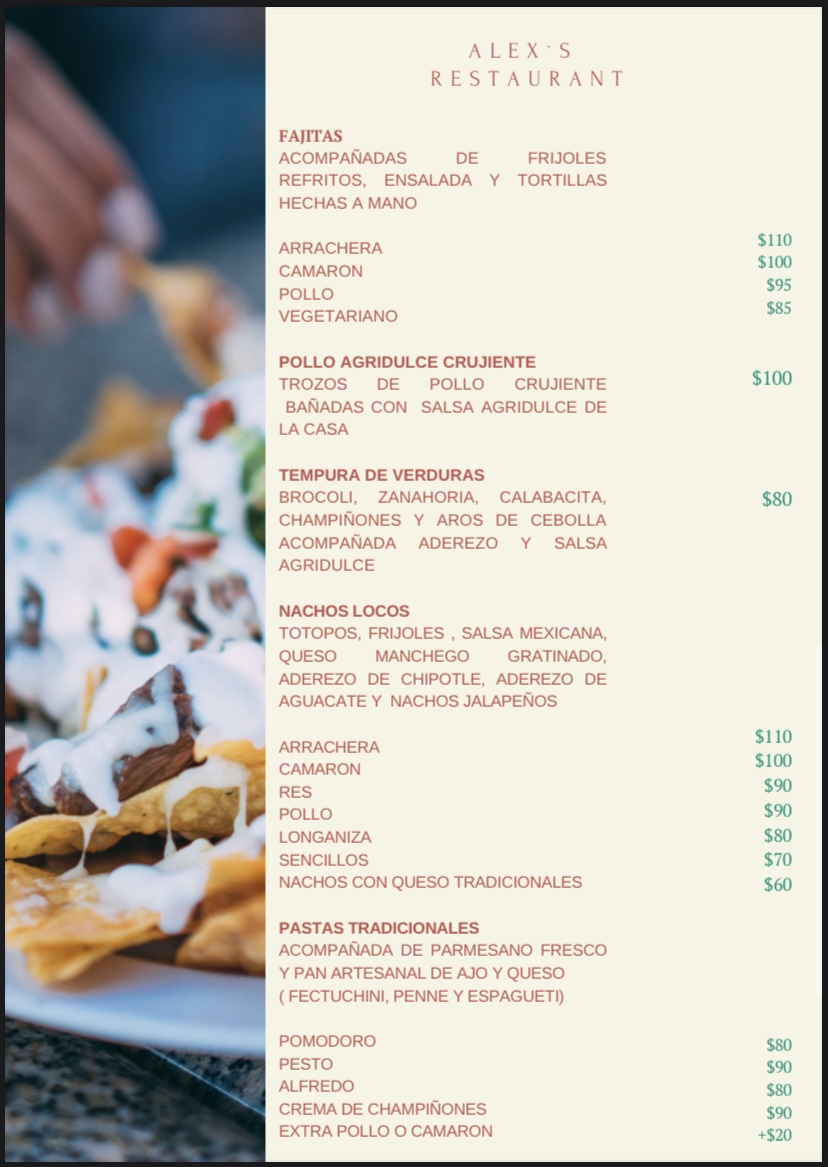 Carta Online de Alex's Restaurant en Emiliano Zapata 