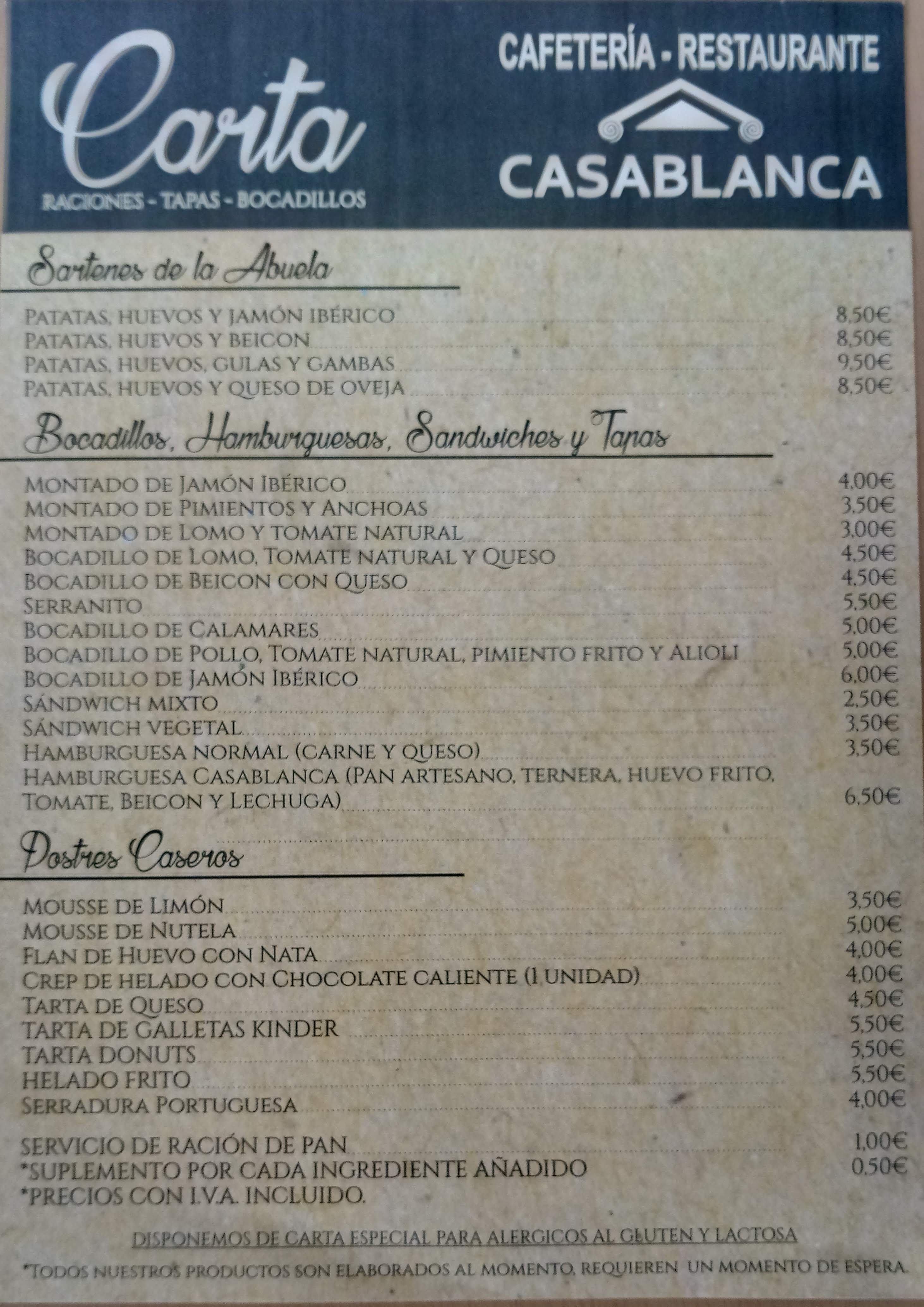 Carta de RESTAURANTE CASABLANCA — página 1