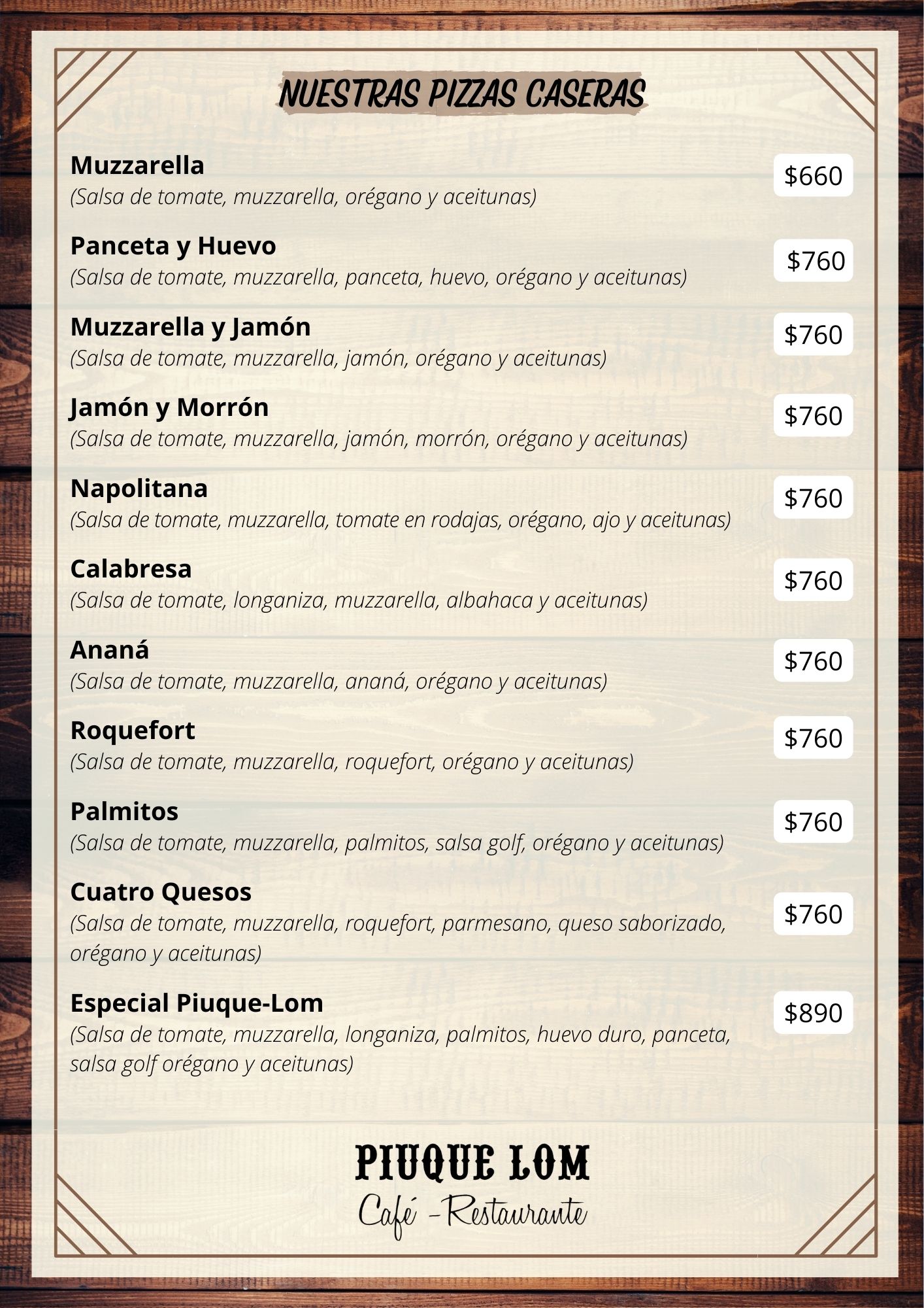Carta de RESTAURANTE PIUQUE-LOM en VILLA VENTANA — página 1