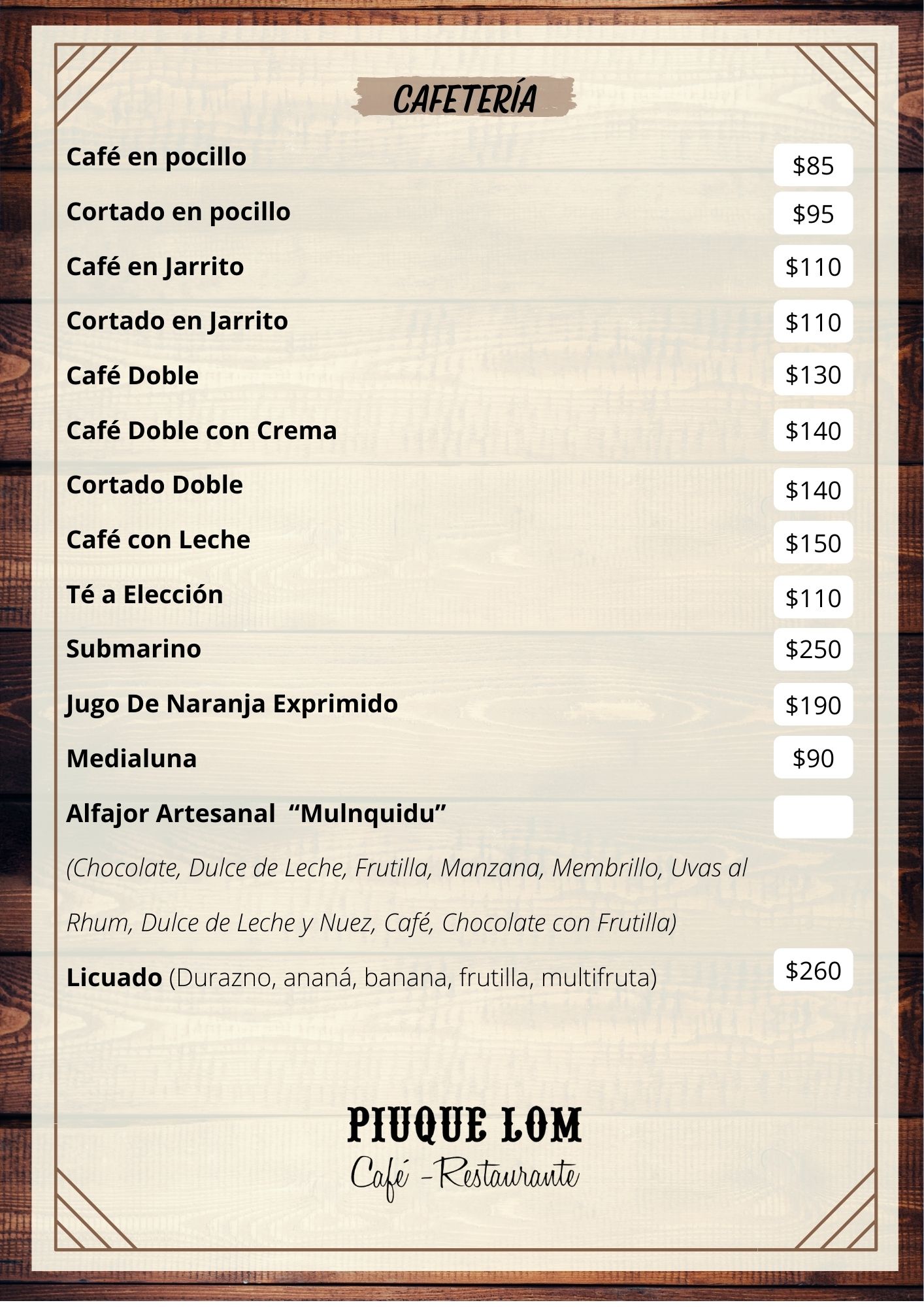 Carta de RESTAURANTE PIUQUE-LOM en VILLA VENTANA — página 10