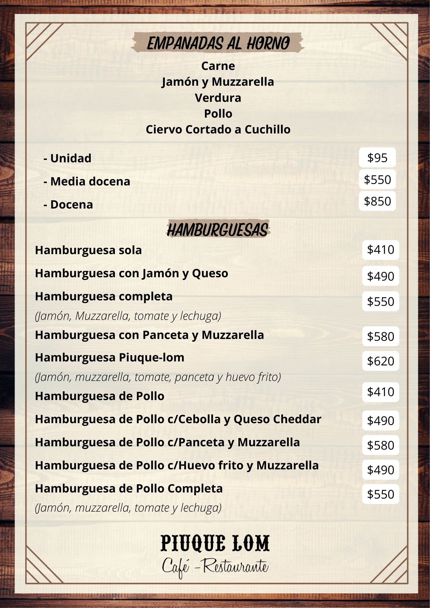 Carta de RESTAURANTE PIUQUE-LOM en VILLA VENTANA — página 2