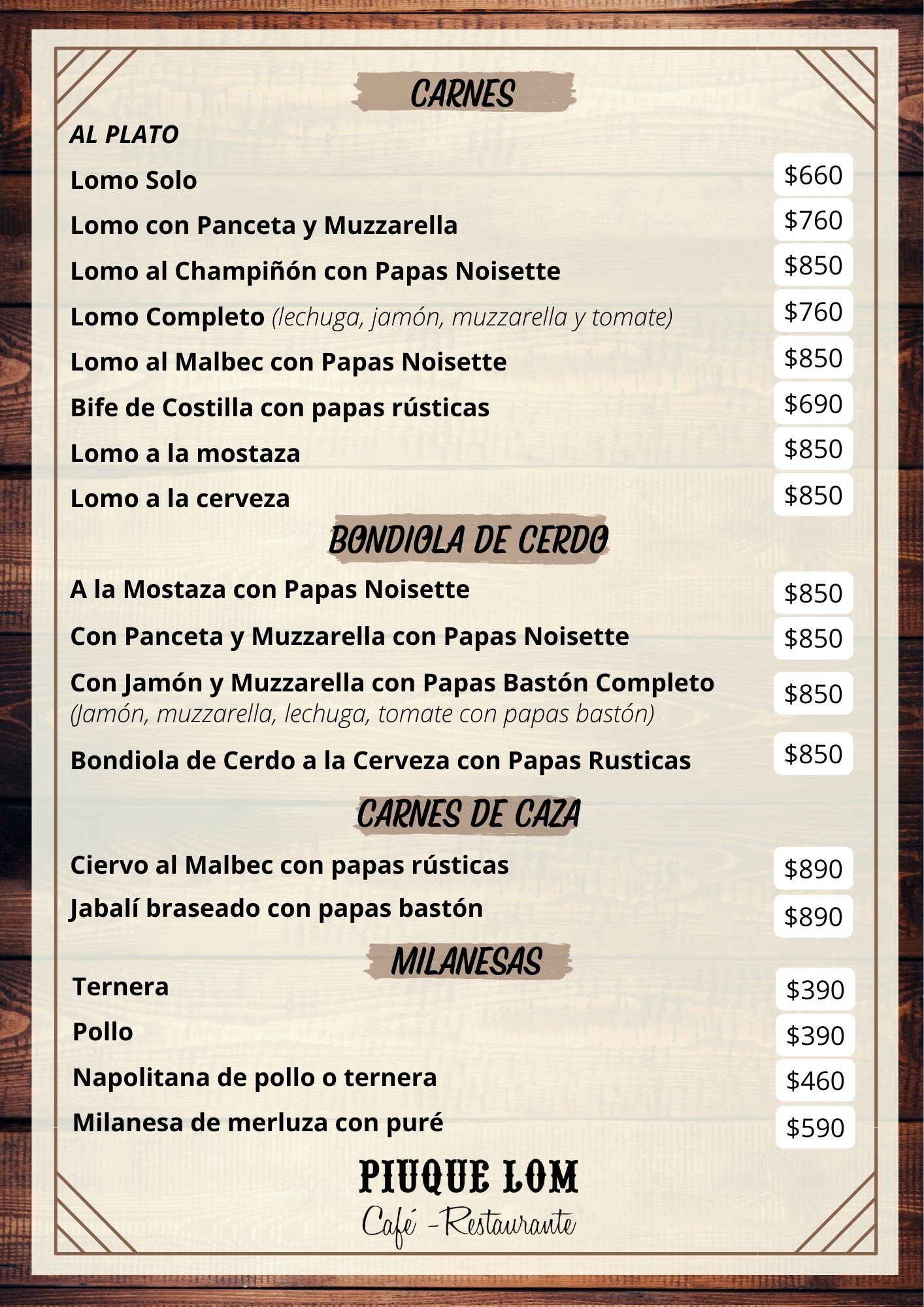 Carta de RESTAURANTE PIUQUE-LOM en VILLA VENTANA — página 3