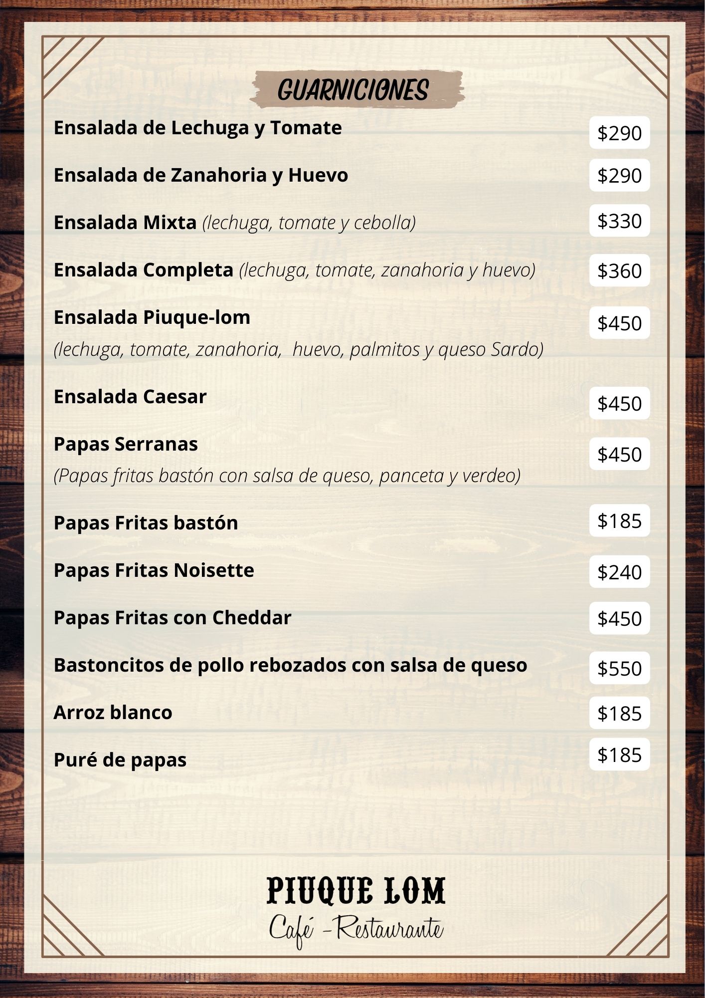 Carta de RESTAURANTE PIUQUE-LOM en VILLA VENTANA — página 4