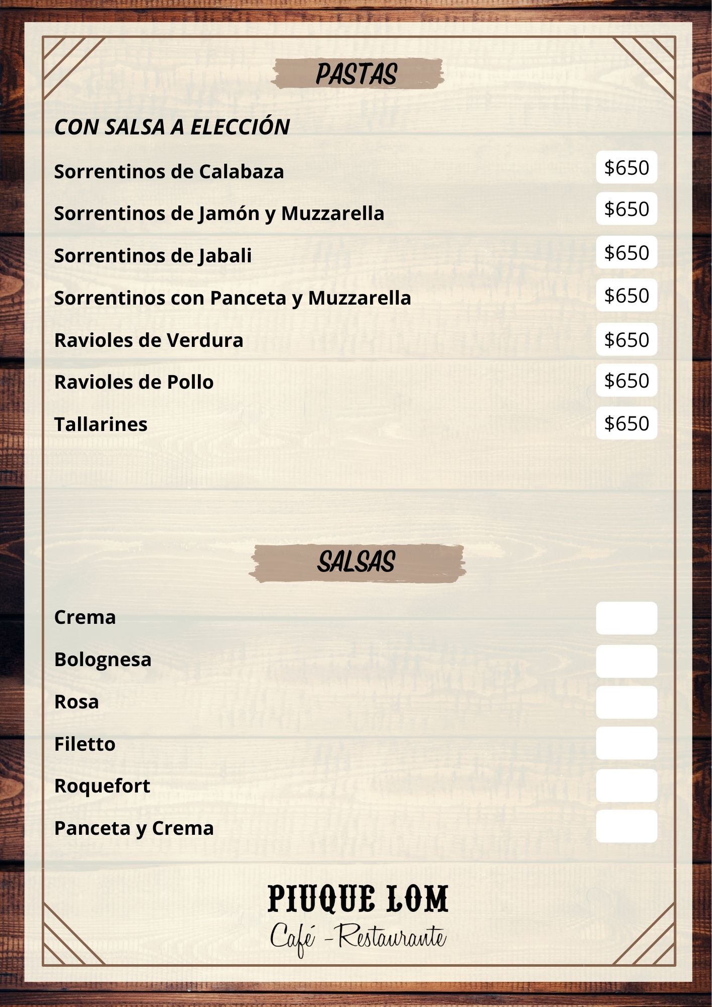 Carta de RESTAURANTE PIUQUE-LOM en VILLA VENTANA — página 5