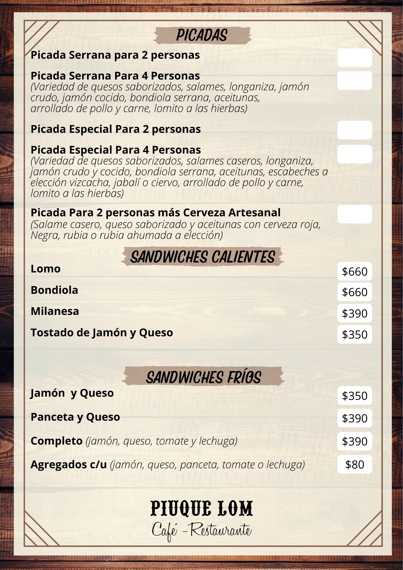 Carta de RESTAURANTE PIUQUE-LOM en VILLA VENTANA — página 6