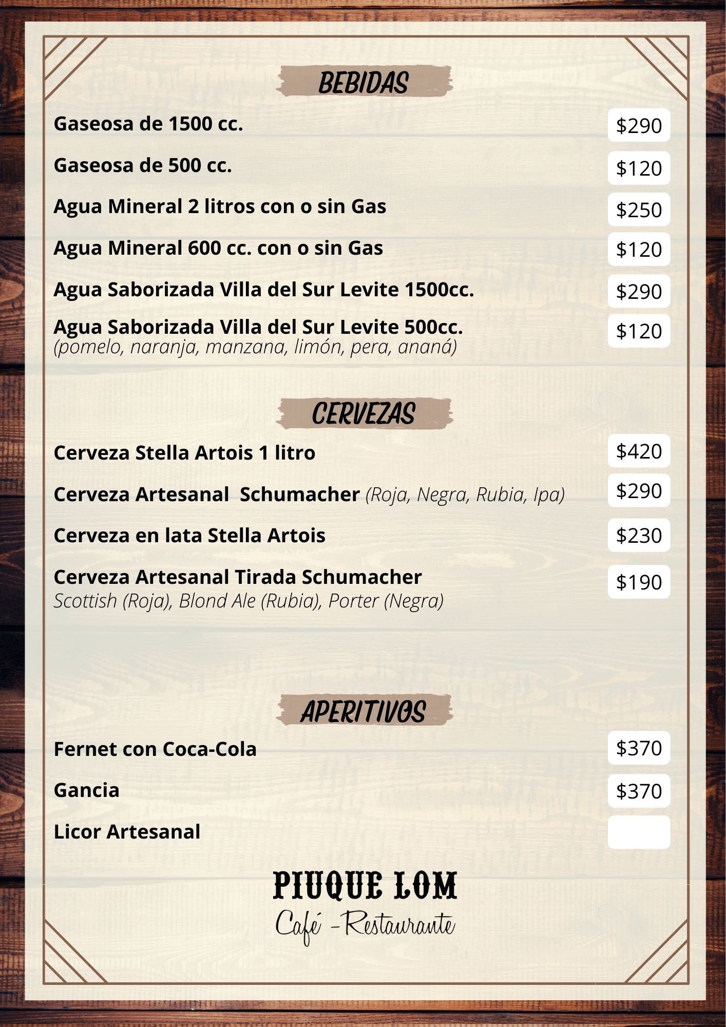 Carta de RESTAURANTE PIUQUE-LOM en VILLA VENTANA — página 7