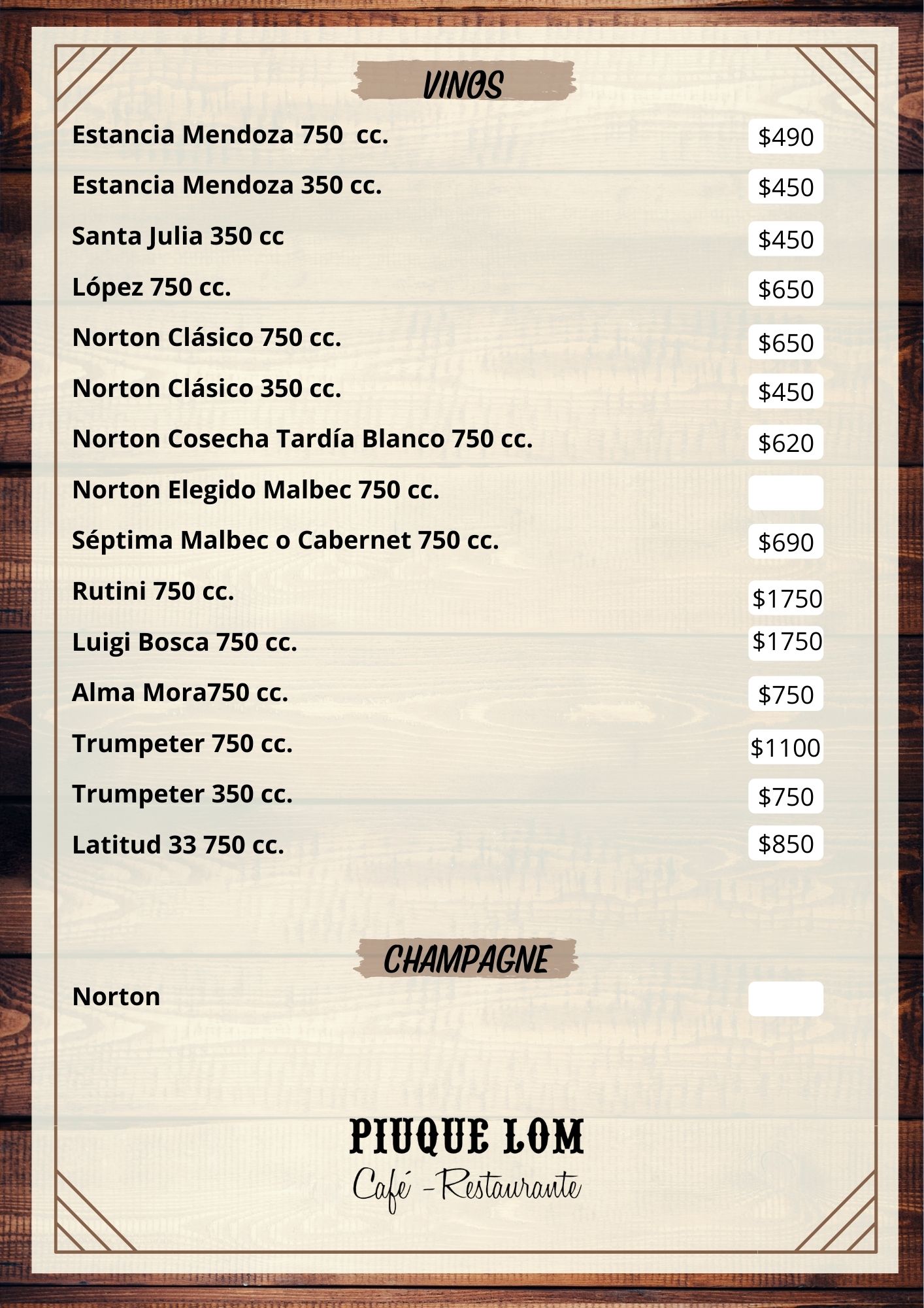 Carta de RESTAURANTE PIUQUE-LOM en VILLA VENTANA — página 8