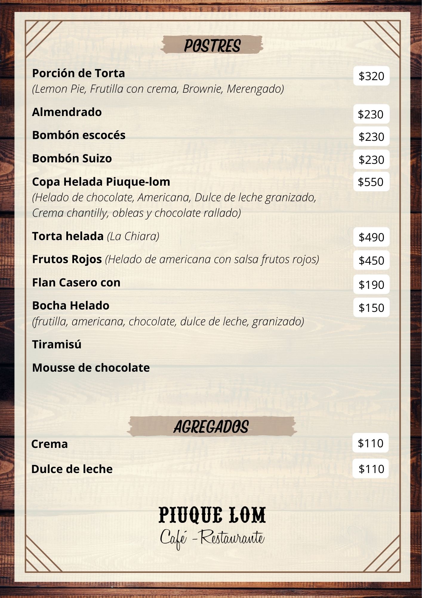 Carta de RESTAURANTE PIUQUE-LOM en VILLA VENTANA — página 9