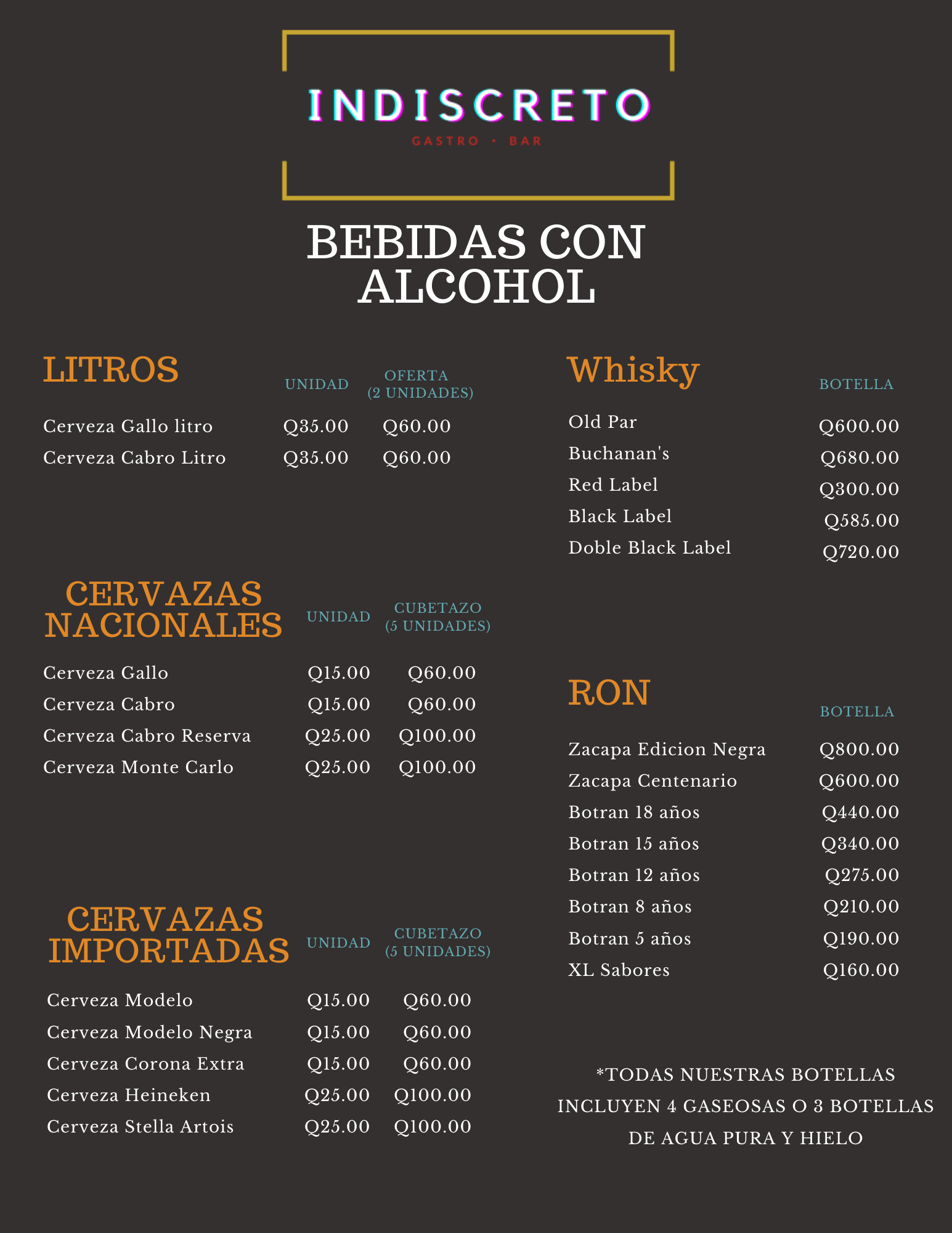 Carta de Indiscreto GastroBar en Quetzaltenango — página 1