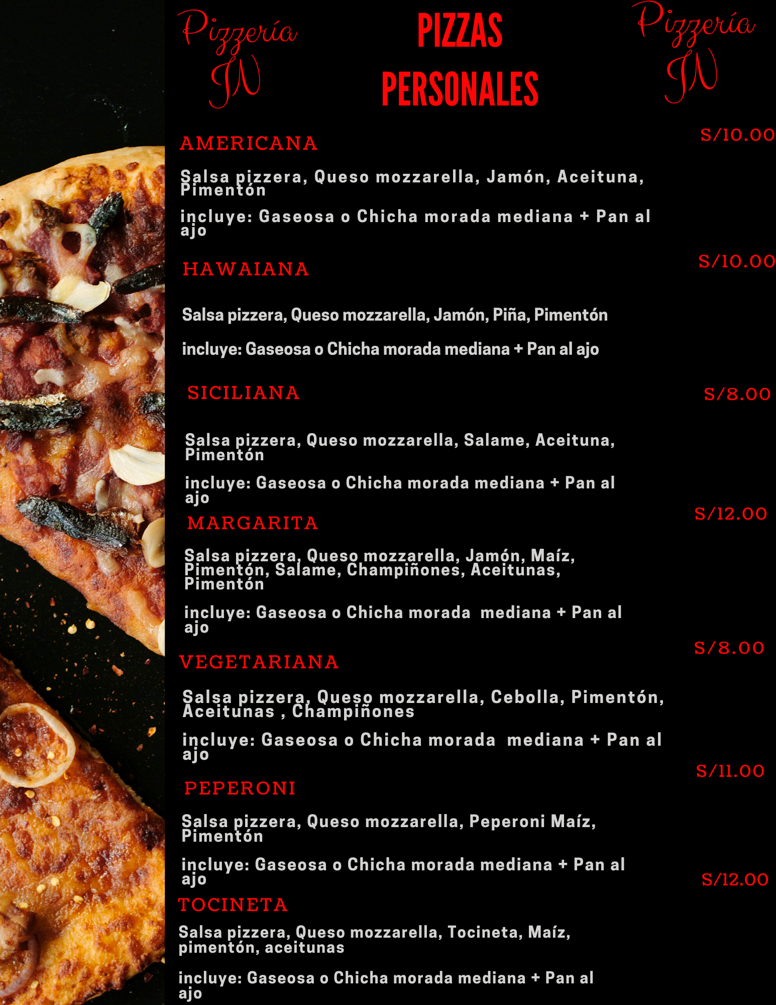 Carta de Pizzería JN en Breña 15083 — página 1