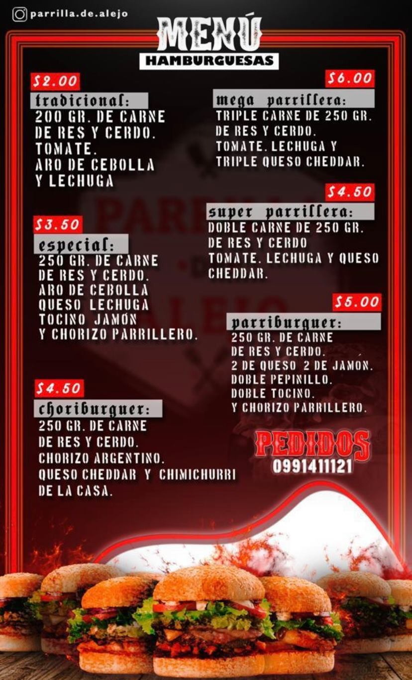 Carta de Parrilla de Alejo en El Carmen , Manabí — página 1