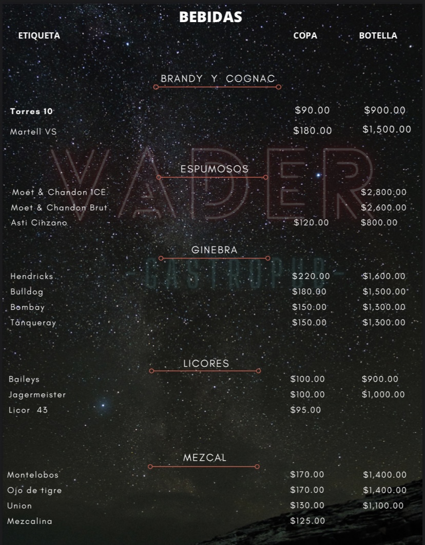 Carta de Vader Gastro Pub en Cuernavaca — página 1