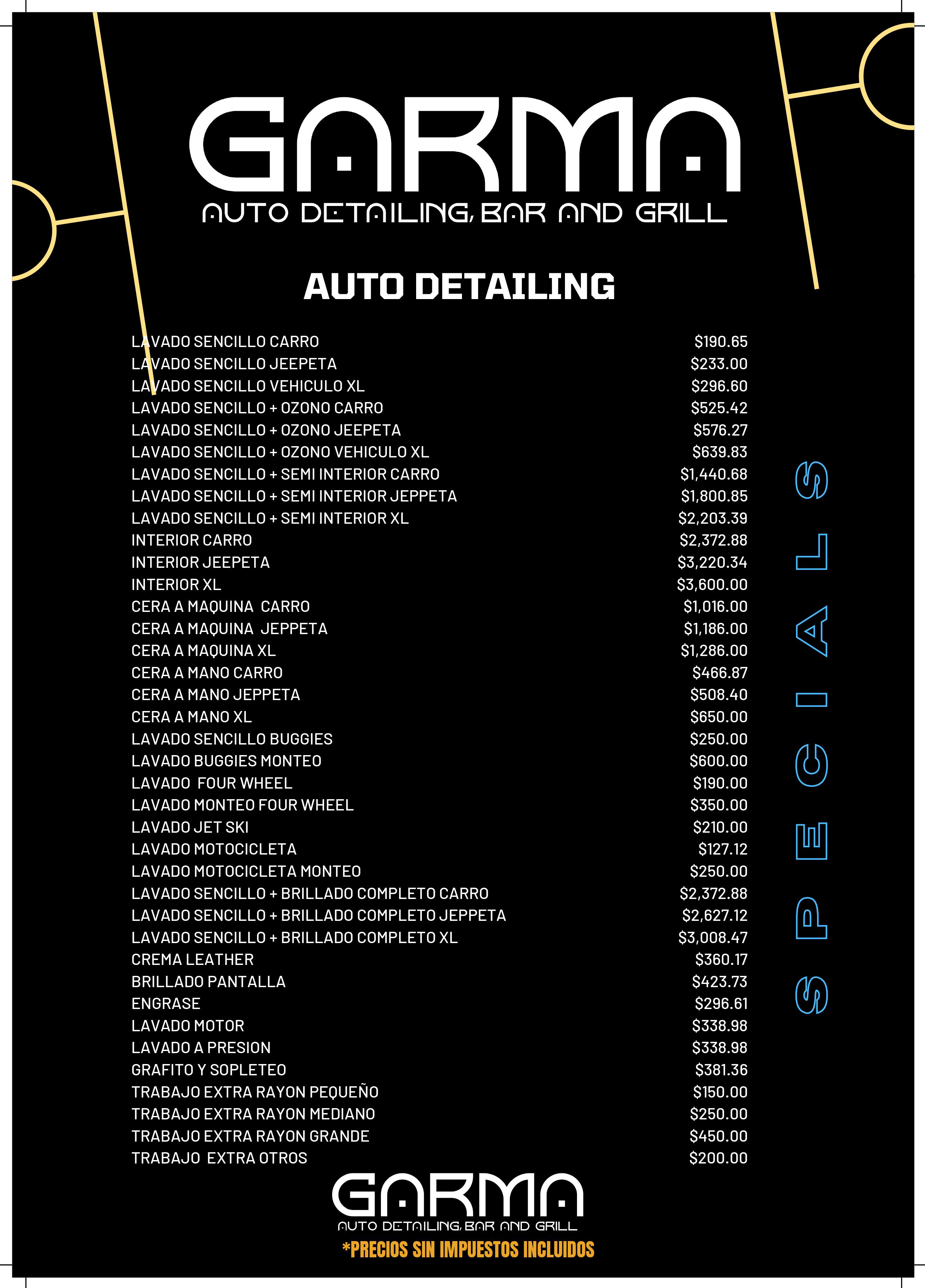 Carta de GARMA AUTO DETAILING, BAR AND GRILL en Santo Domingo Este — página 1