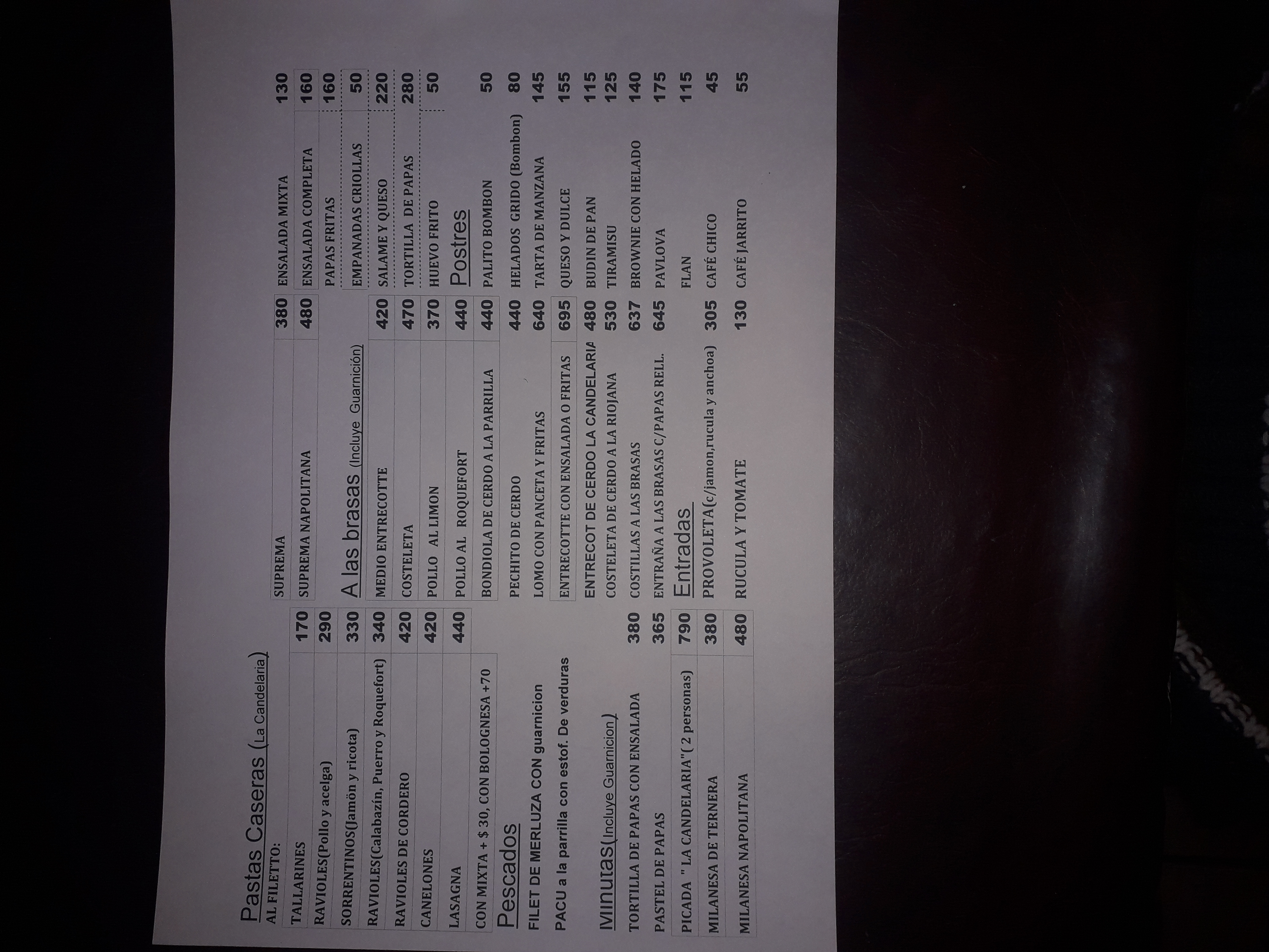 Carta de Restaurante La Candelaria — página 1