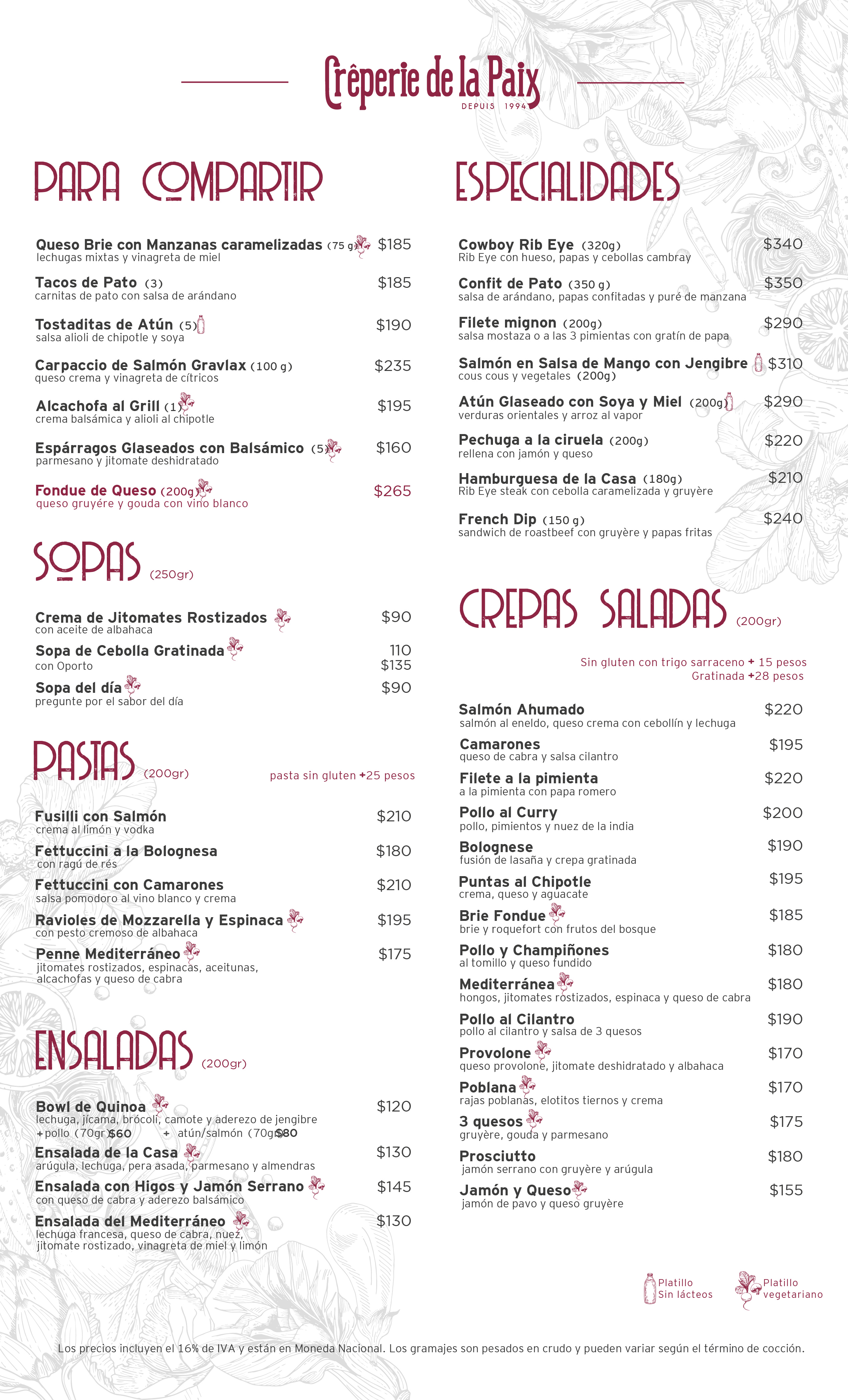 Carta de Creperie de la Paix — página 2