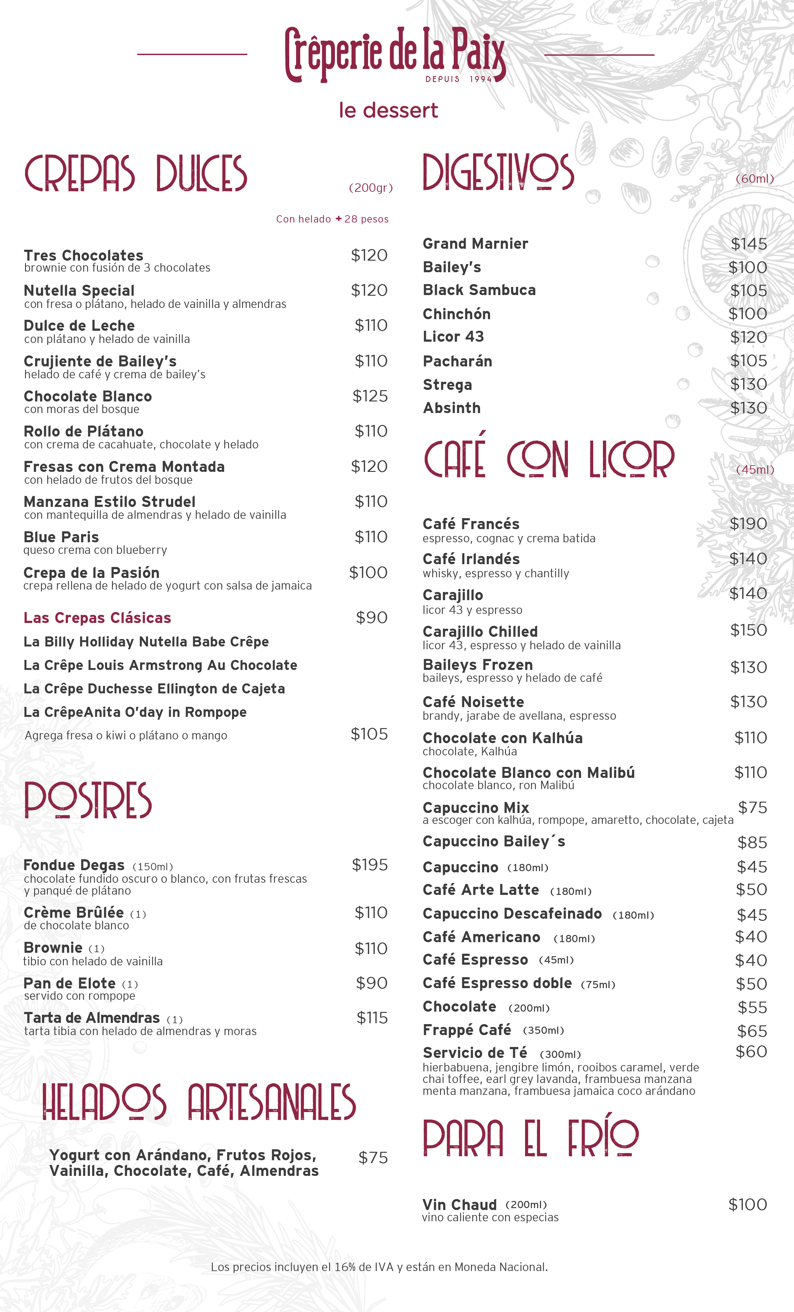 Carta de Creperie de la Paix — página 1